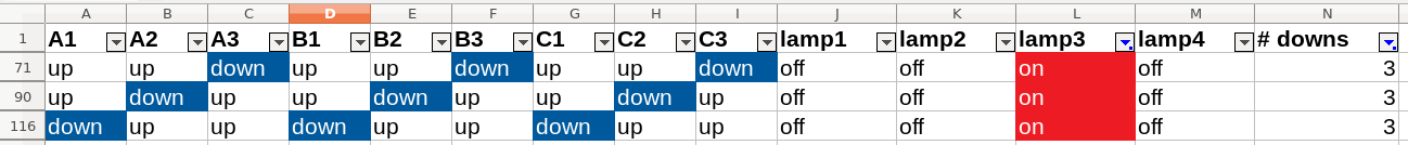 lamp 3 combinations in a spreadsheet