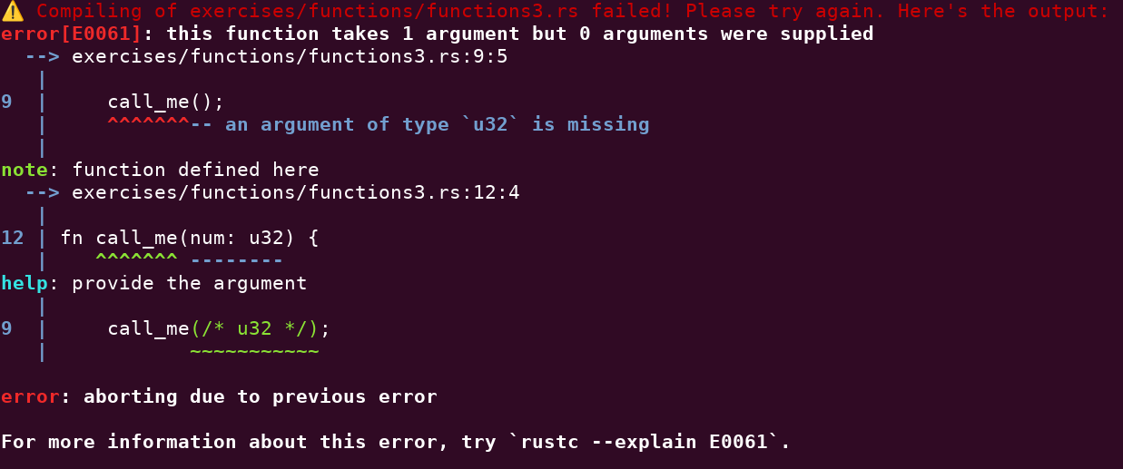 screenshot of an error from the Rust compiler, which shows clearly where the error happened, how to fix the error, and what command to run to get more information about the type of error